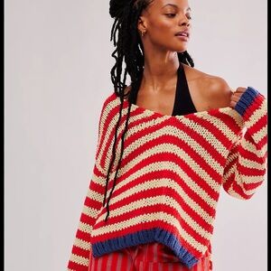 Free People Portland Pullover Red and Cream V-Neck Sweater